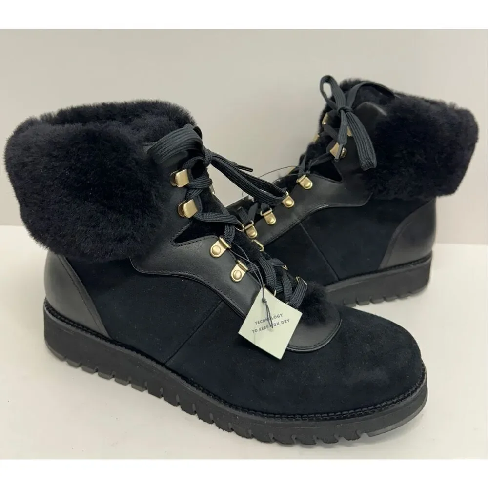 Cole Haan Winter Fur Boots Size 7.5B Womens Waterproof Black‎ Lugged Sole